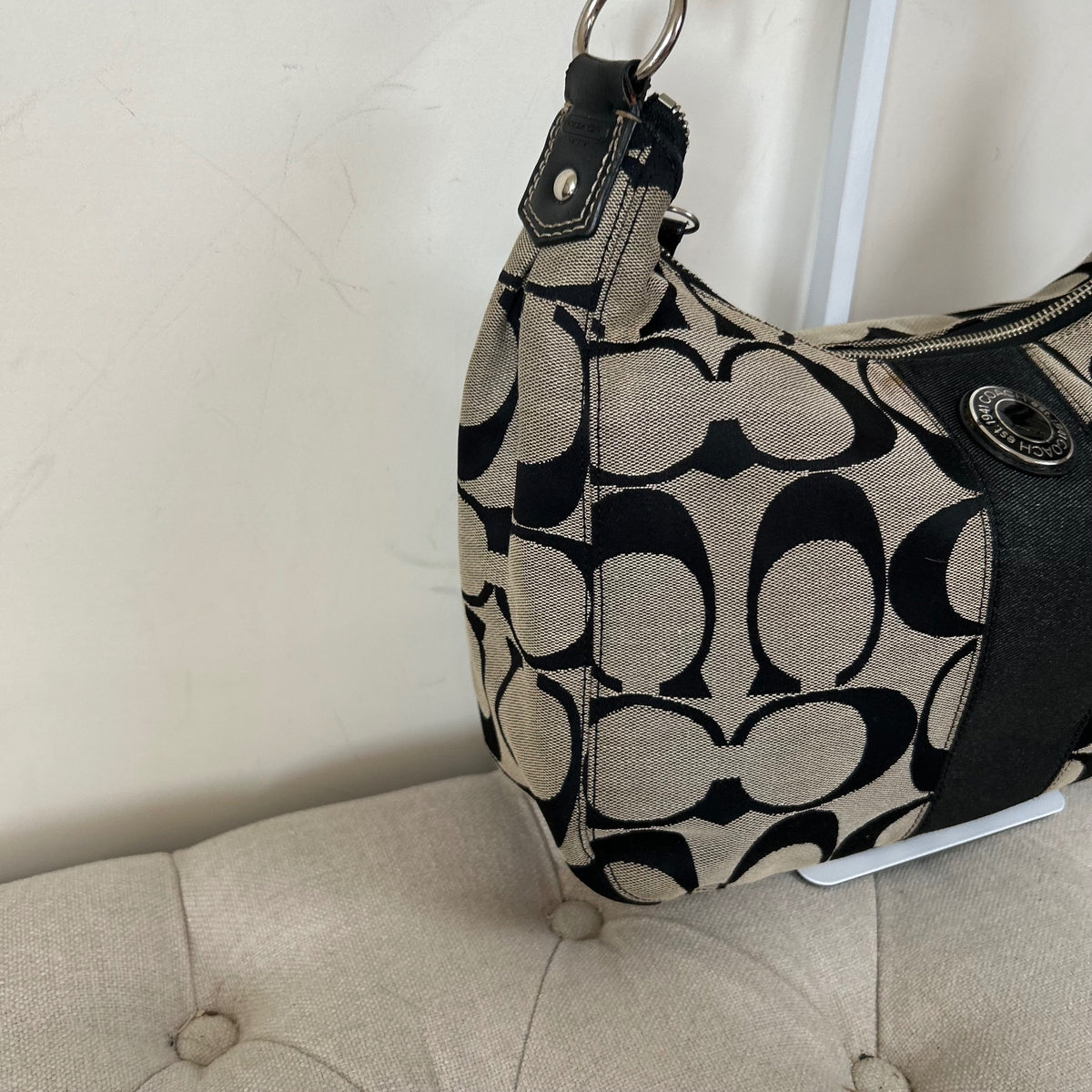 Coach Black Large Signature Stripe Hobo Shoulder Bag A1261-F19281