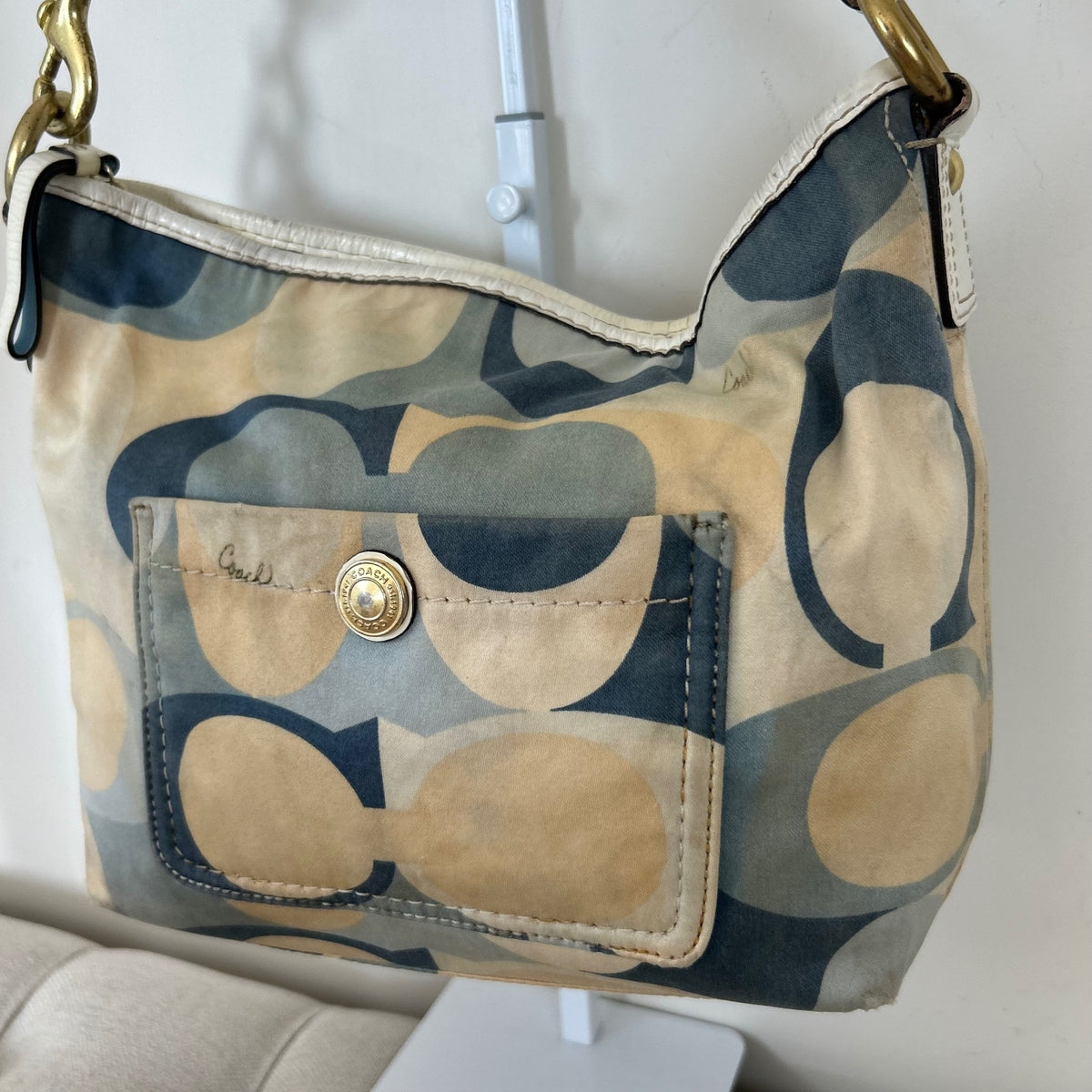 Coach Blue and Beige Monogram Slouch Shoulder Bag L0726-11955