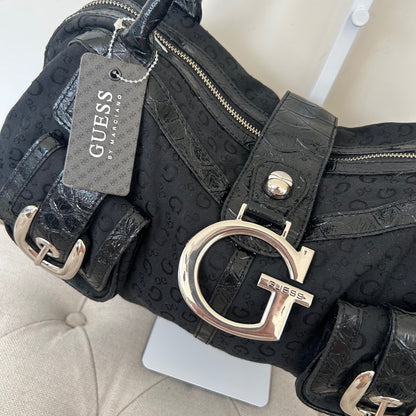 Guess Black Monogram Silver G Baguette Shoulder Bag BNWT