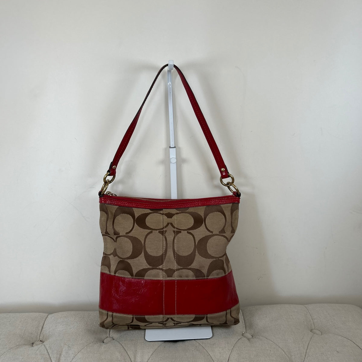 Coach Beige Signature Tote Shoulder Bag with Patent Red Stripe F0826-12825