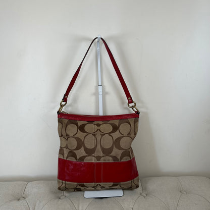 Coach Beige Signature Tote Shoulder Bag with Patent Red Stripe F0826-12825