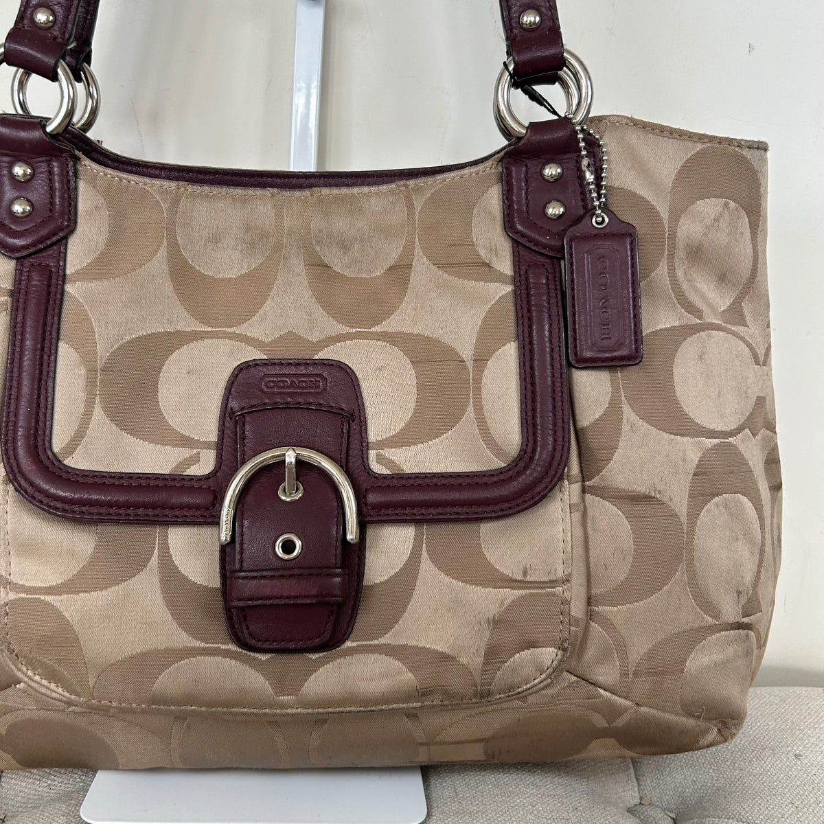 Coach Beige Soho Tote Shoulder Bag with Burgundy Leather Trim J1382-F25294