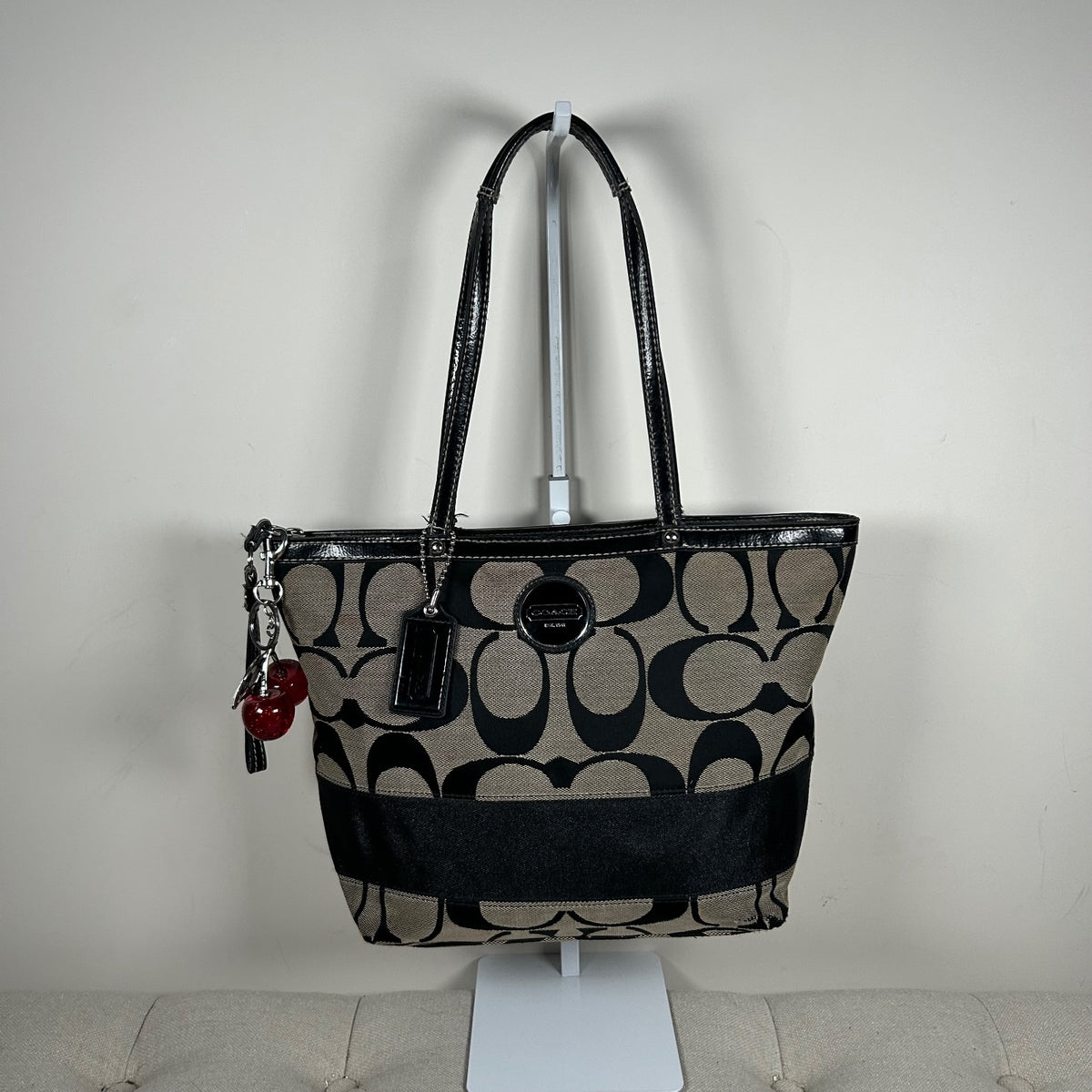 Coach Black Signature Stripe Monogram Tote Shoulder Bag F1182-F17433
