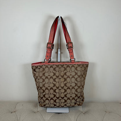 Coach Brown Signature Monogram Tote Shoulder Bag Coral Leather Trim K0849-F13077