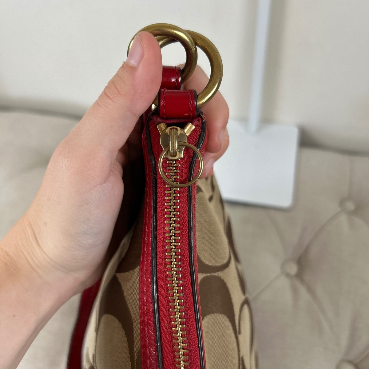 Coach Beige Signature Tote Shoulder Bag with Patent Red Stripe F0826-12825