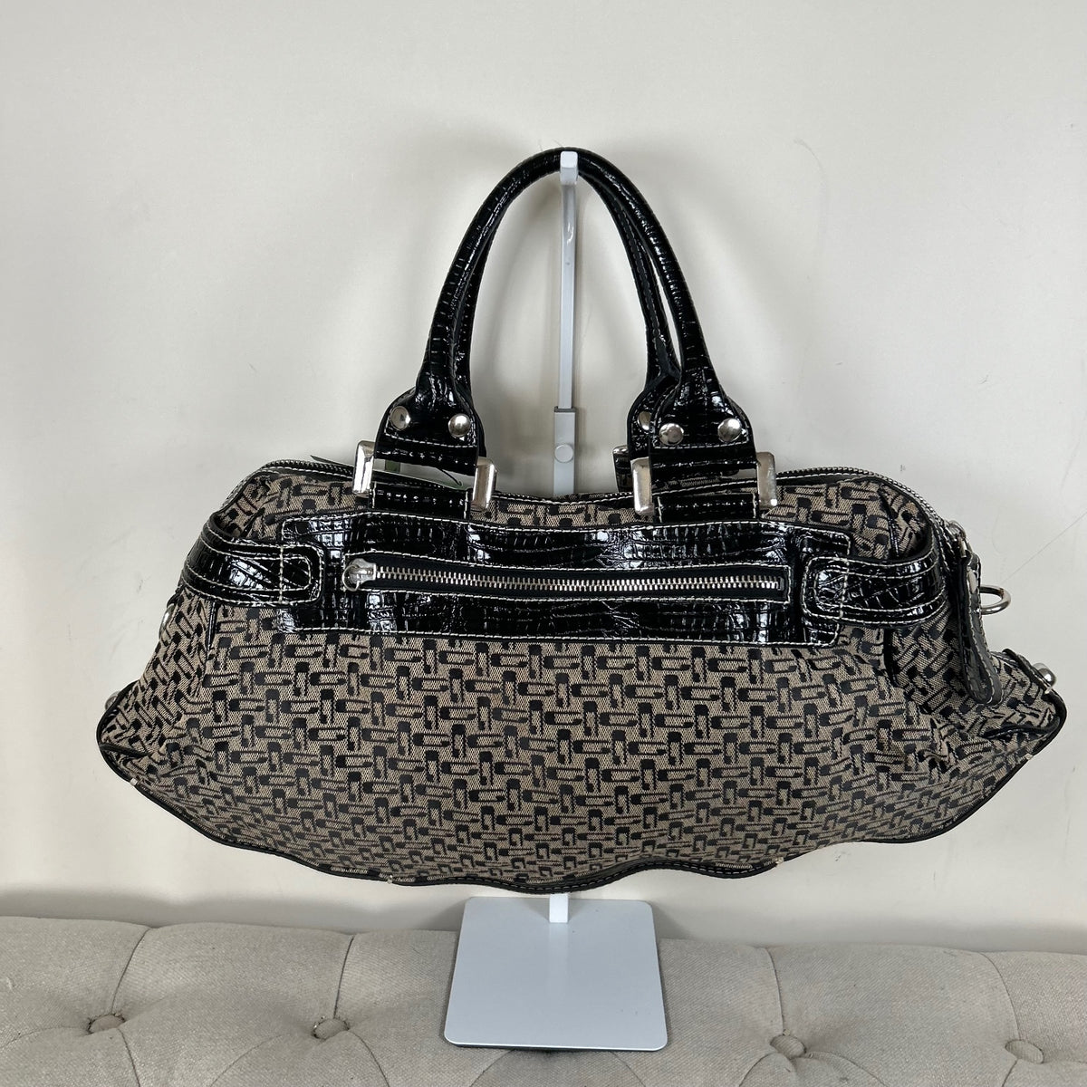 Vintage Y2K Guess Large Black Monogram Handbag Silver G