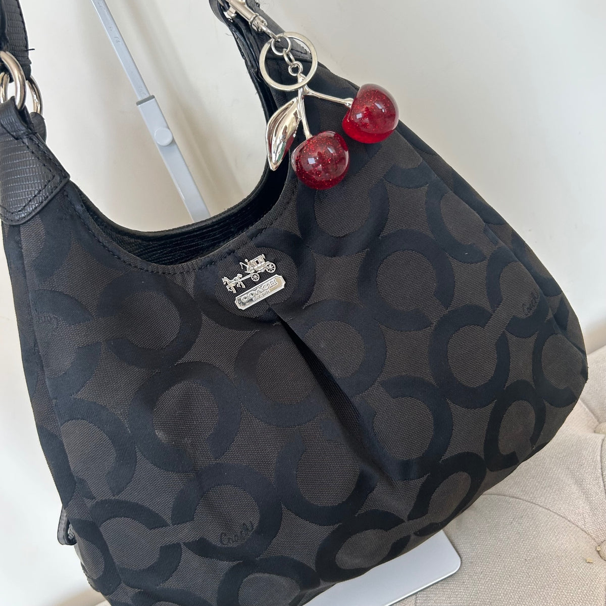 Coach Black Monogram 3 Compartment Shoulder Bag Red Interior H1381-21125M