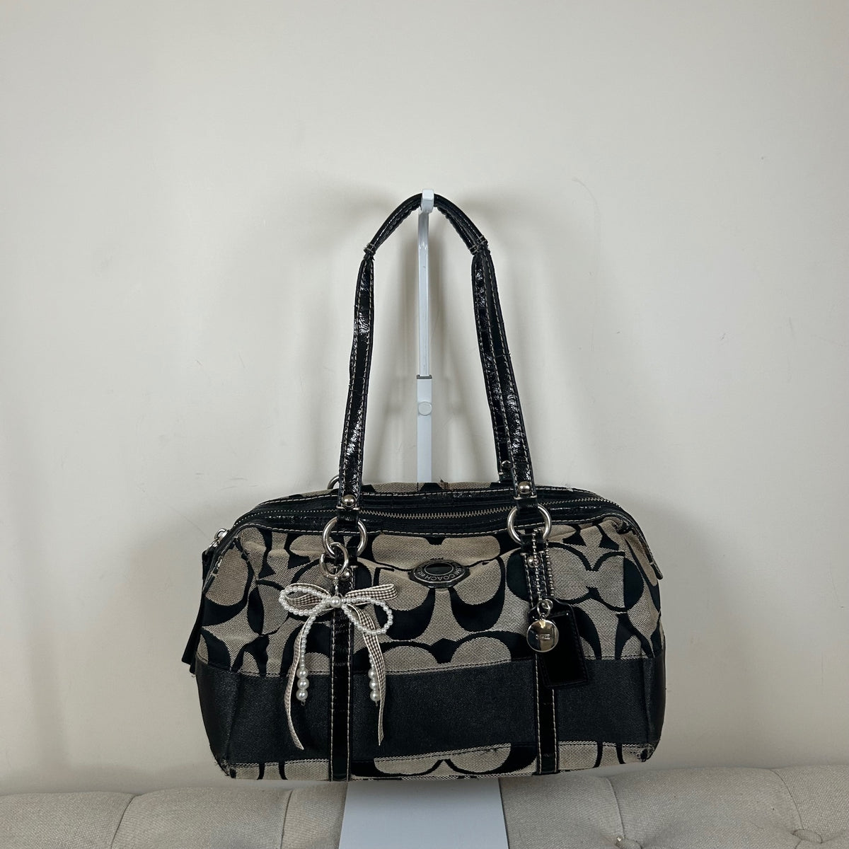 Coach Black Signature Monogram Stripe Tote Shoulder Bag G1220-F19563