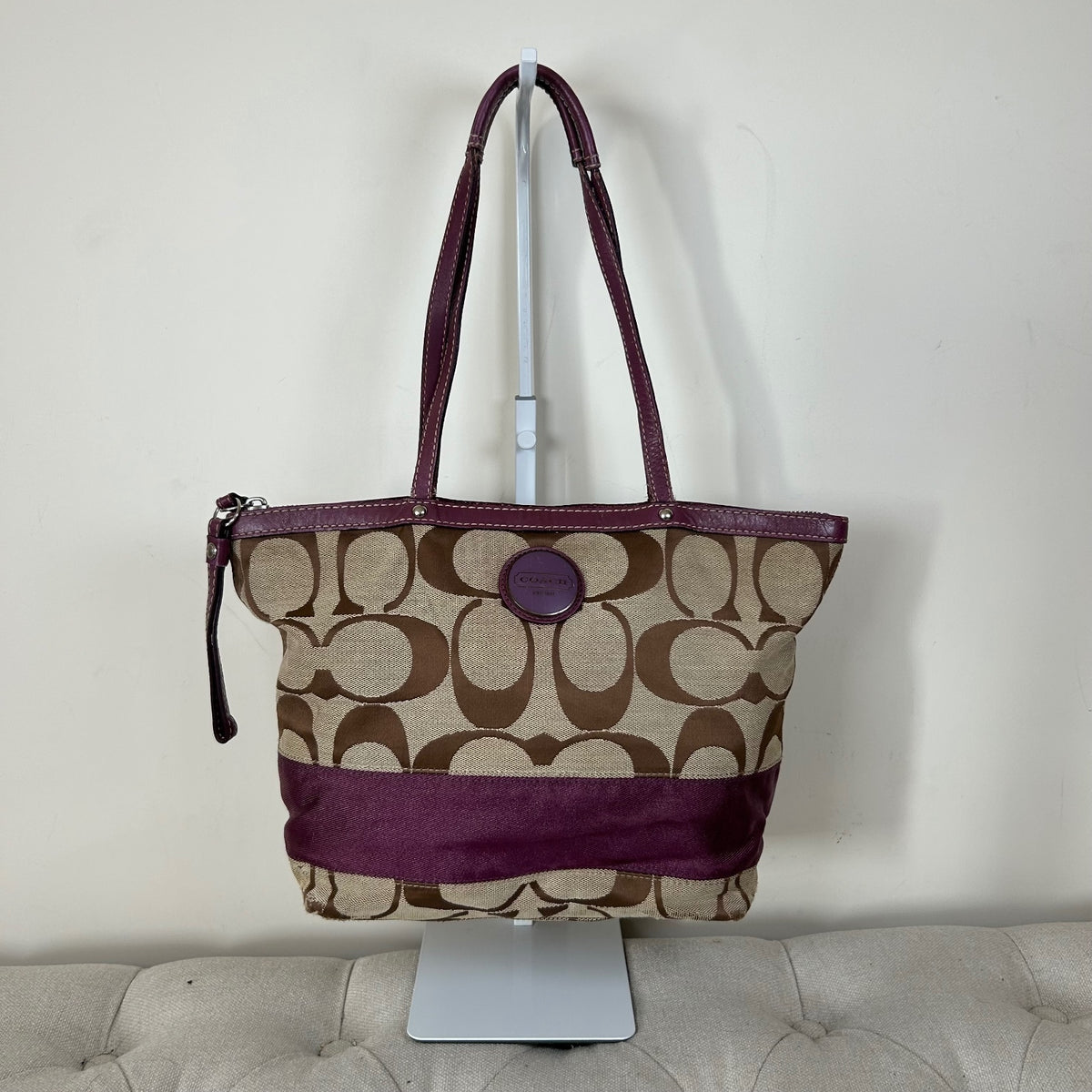 Coach Signature Monogram Purple Stripe Tote Shoulder Bag E1020-F15112