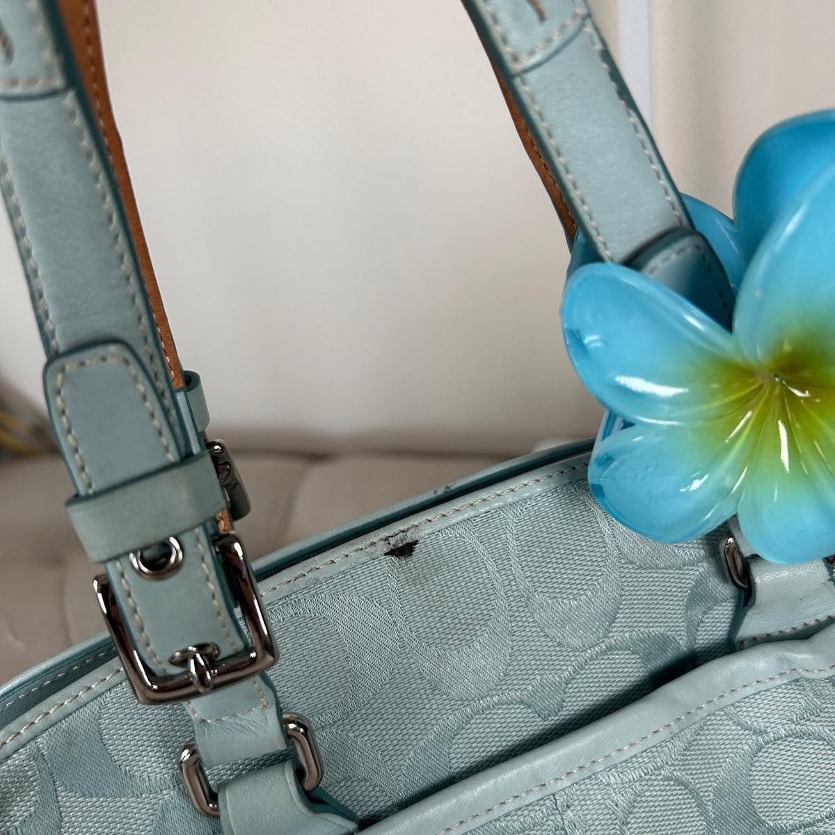 Coach Blue Signature Monogram Satchel Handbag with Suede Trim J04M-6828