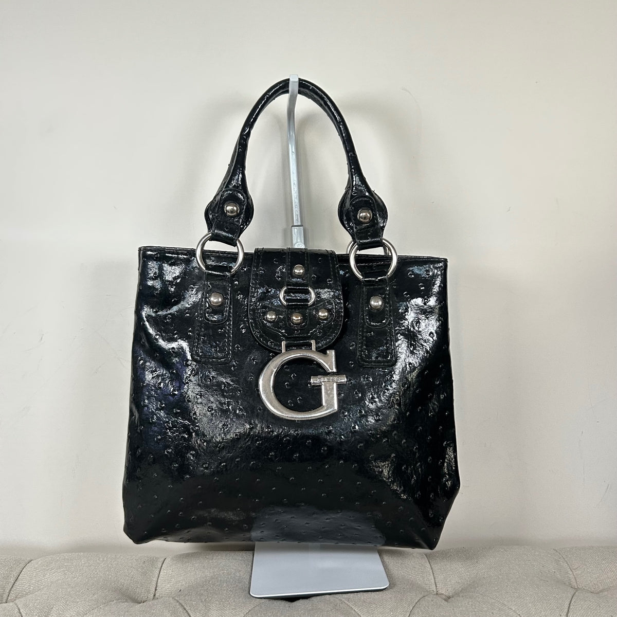 Guess Black Patent Leather Handbag Tote Silver G
