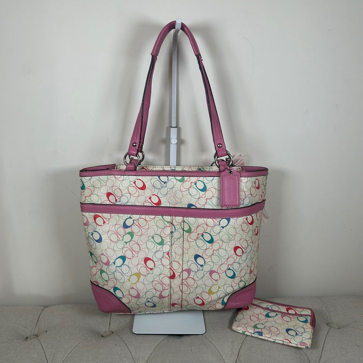 Coach Leather Colourful Tote Shoulder Bag with Charms & Purse Pink M1075-F16874
