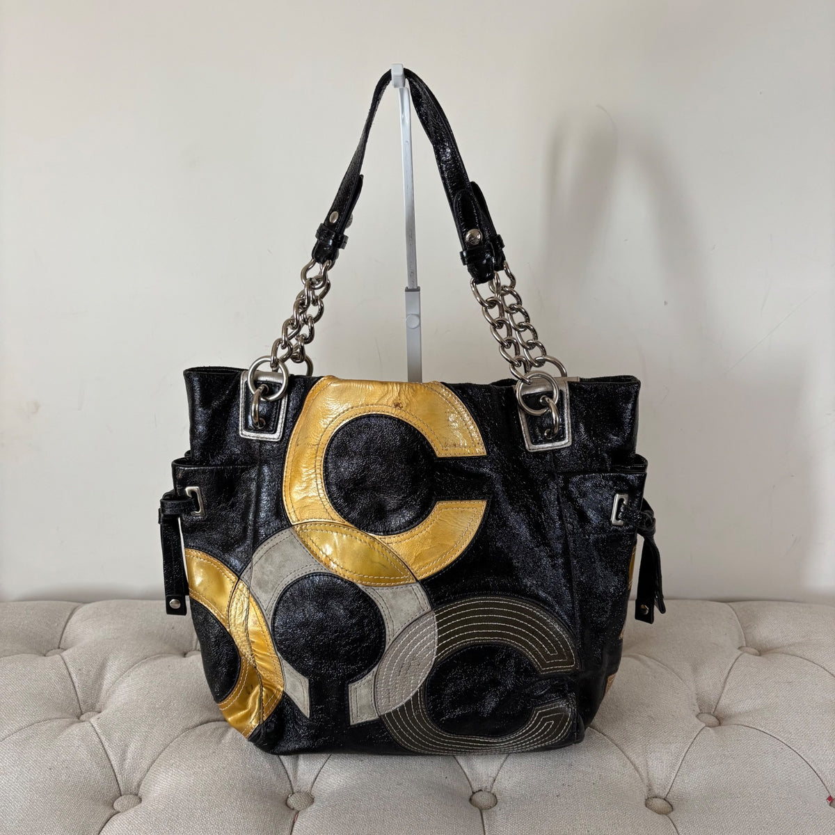 Coach Black Leather Tote Shoulder Bag with Yellow C Monogram J0993-14516
