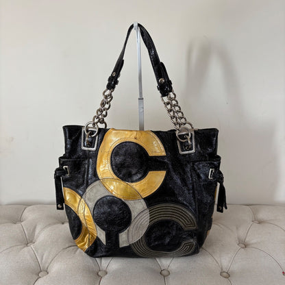 Coach Black Leather Tote Shoulder Bag with Yellow C Monogram J0993-14516