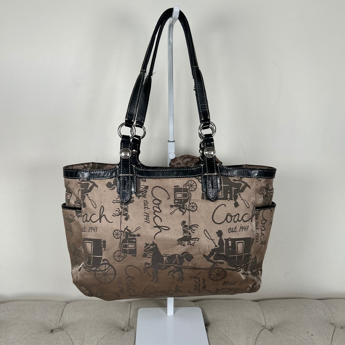 Coach Beige Brown Monogram Horse & Carriage Tote Shoulder Bag C1076-F15144