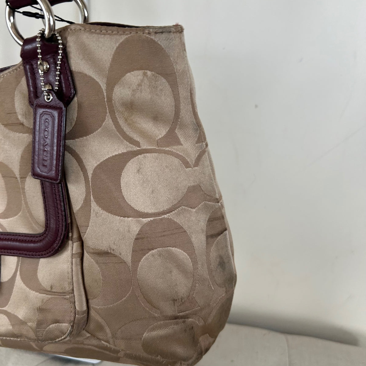 Coach Beige Soho Tote Shoulder Bag with Burgundy Leather Trim J1382-F25294