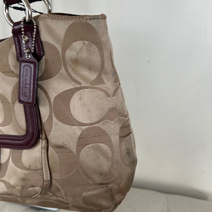 Coach Beige Soho Tote Shoulder Bag with Burgundy Leather Trim J1382-F25294