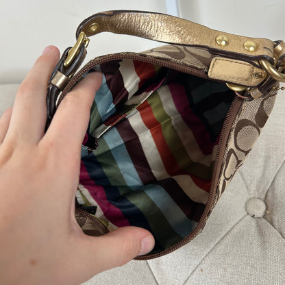 Coach Beige Monogram & Gold Stripe Mini Clutch Shoulder Bag F0768-40757