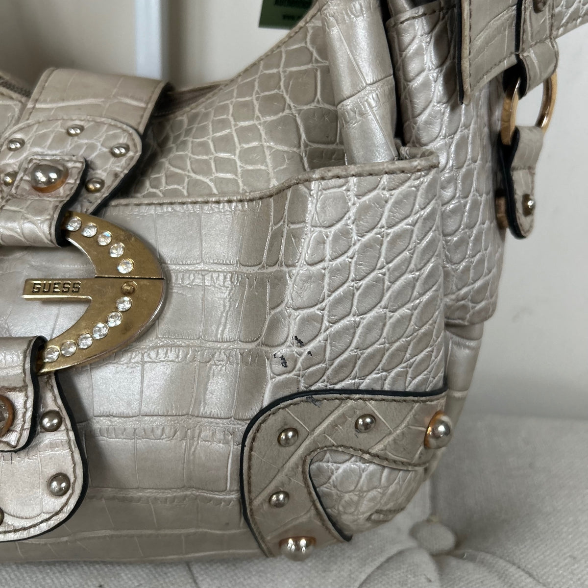 Vintage Y2K Guess Silver Snakeskin Patent Leather Hobo Shoulder Bag