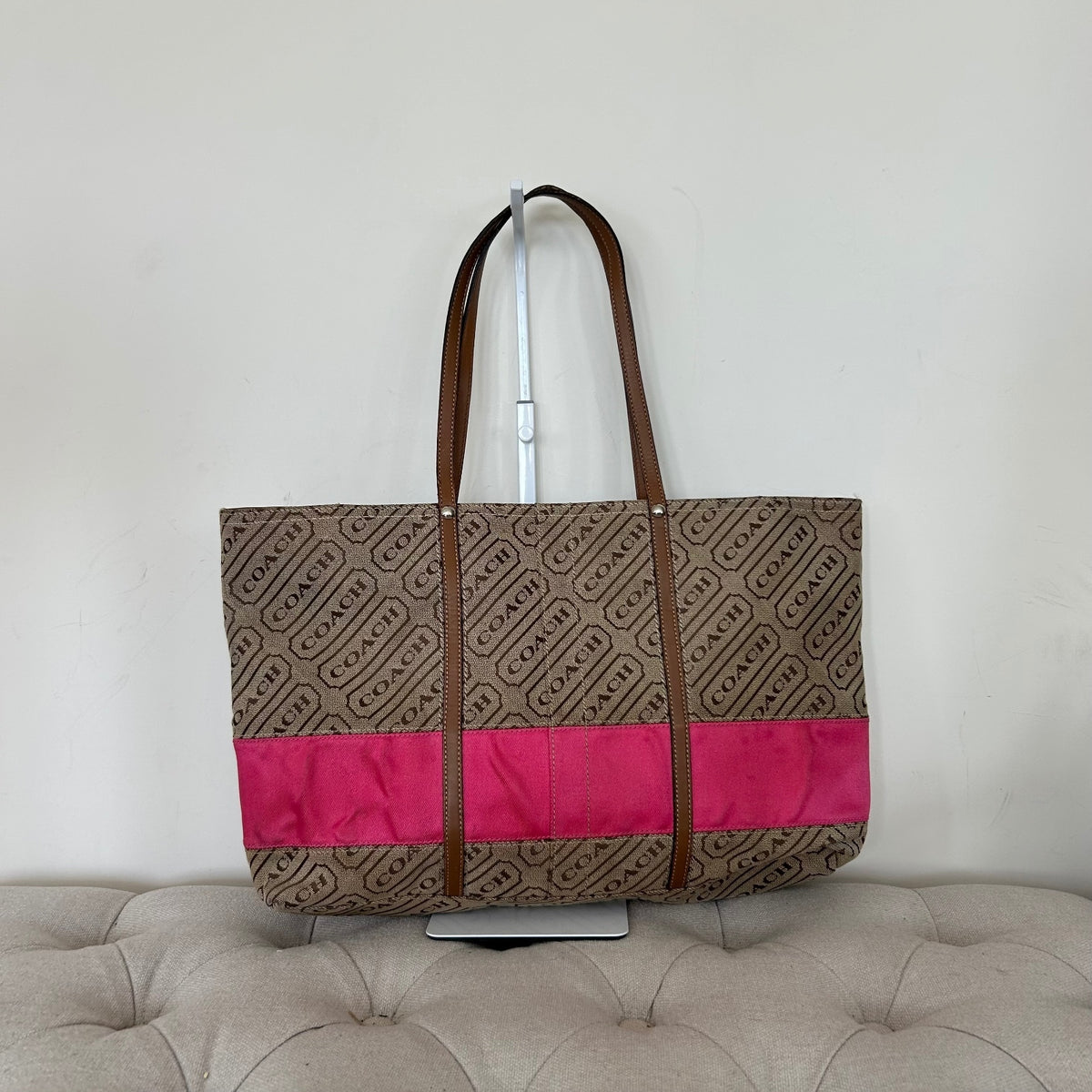 Coach Brown Pink Stripe Canvas Tote Shoulder Bag H0849-F12258
