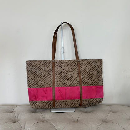 Coach Brown Pink Stripe Canvas Tote Shoulder Bag H0849-F12258
