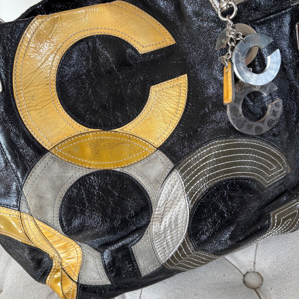 Coach Black Leather Tote Shoulder Bag with Yellow C Monogram J0993-14516