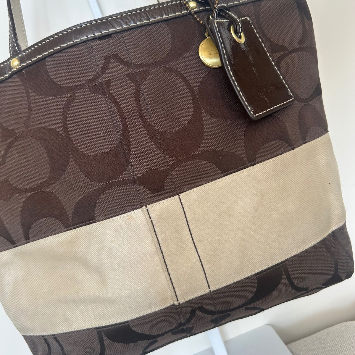 Coach Chocolate Brown Signature Monogram Stripe Tote Bag A0768-10124