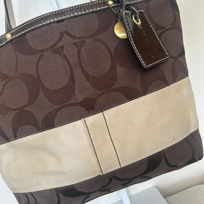 Coach Chocolate Brown Signature Monogram Stripe Tote Bag A0768-10124