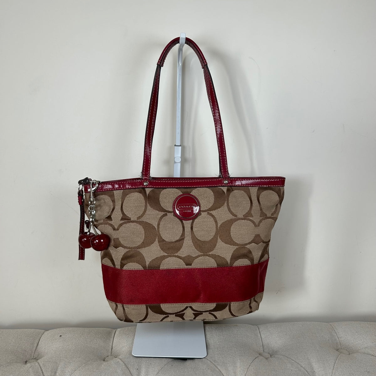 Coach Beige Signature Monogram Red Stripe Tote Shoulder Bag H1182-F17433