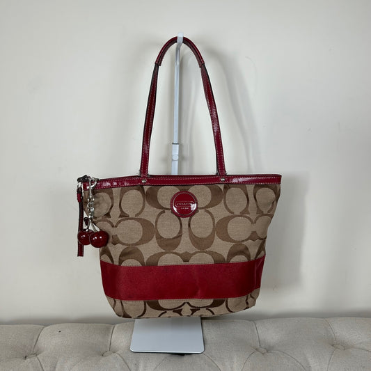 Coach Beige Signature Monogram Red Stripe Tote Shoulder Bag H1182-F17433