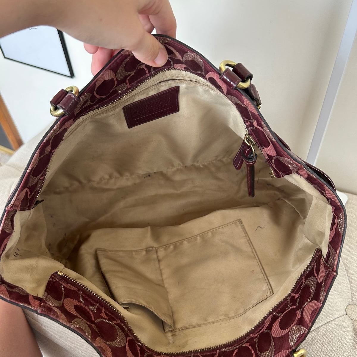Coach Hamptons Burgundy and Gold Monogram Shoulder Tote Bag H1149-F18107