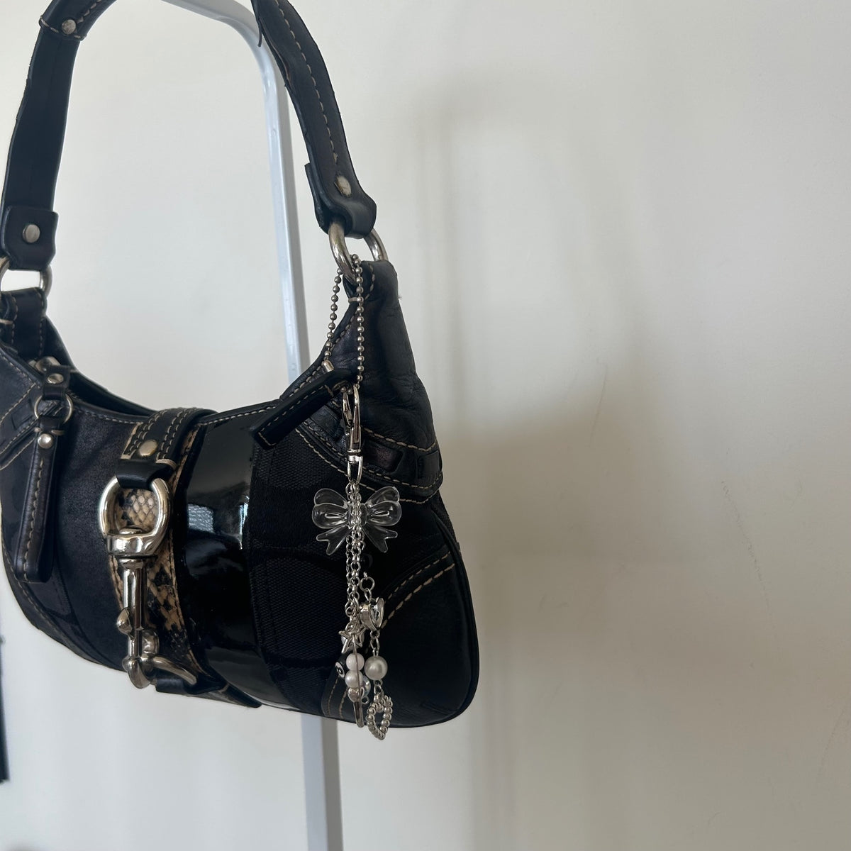 Coach Black Signature Monogram Snakeskin Stripe Buckle Shoulder Bag E06K-10287