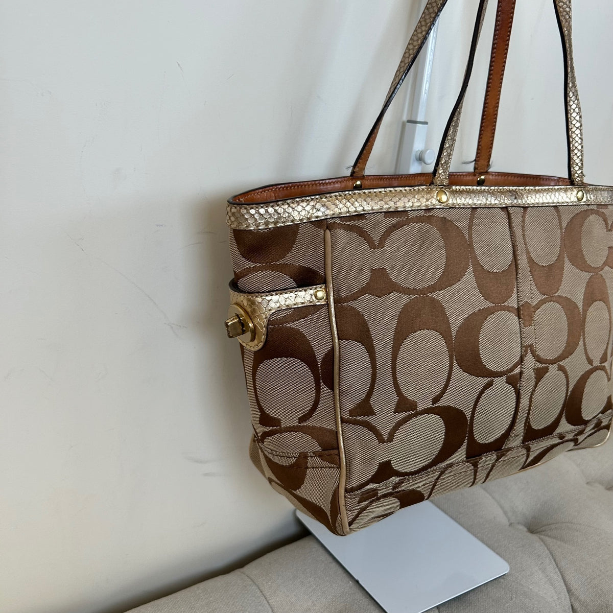 Coach Signature Monogram Gold Detail Tote Shoulder Bag A06S-7874