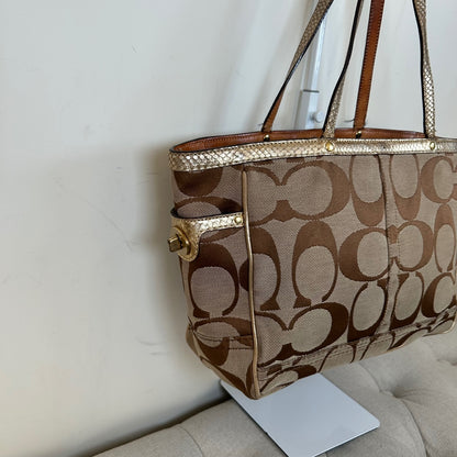 Coach Signature Monogram Gold Detail Tote Shoulder Bag A06S-7874