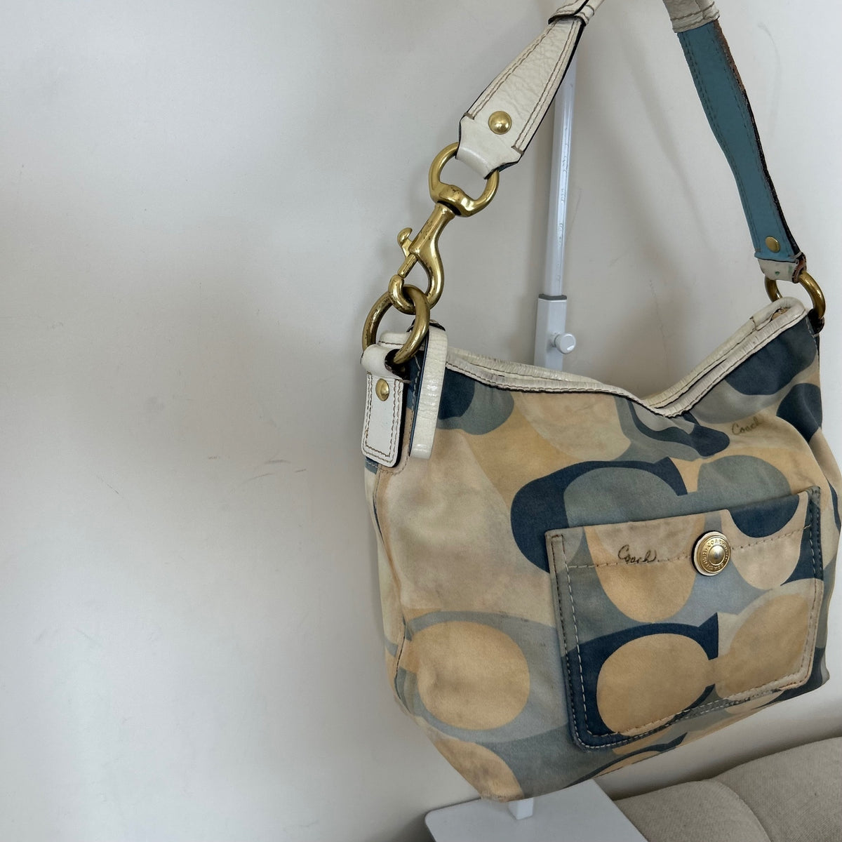Coach Blue and Beige Monogram Slouch Shoulder Bag L0726-11955