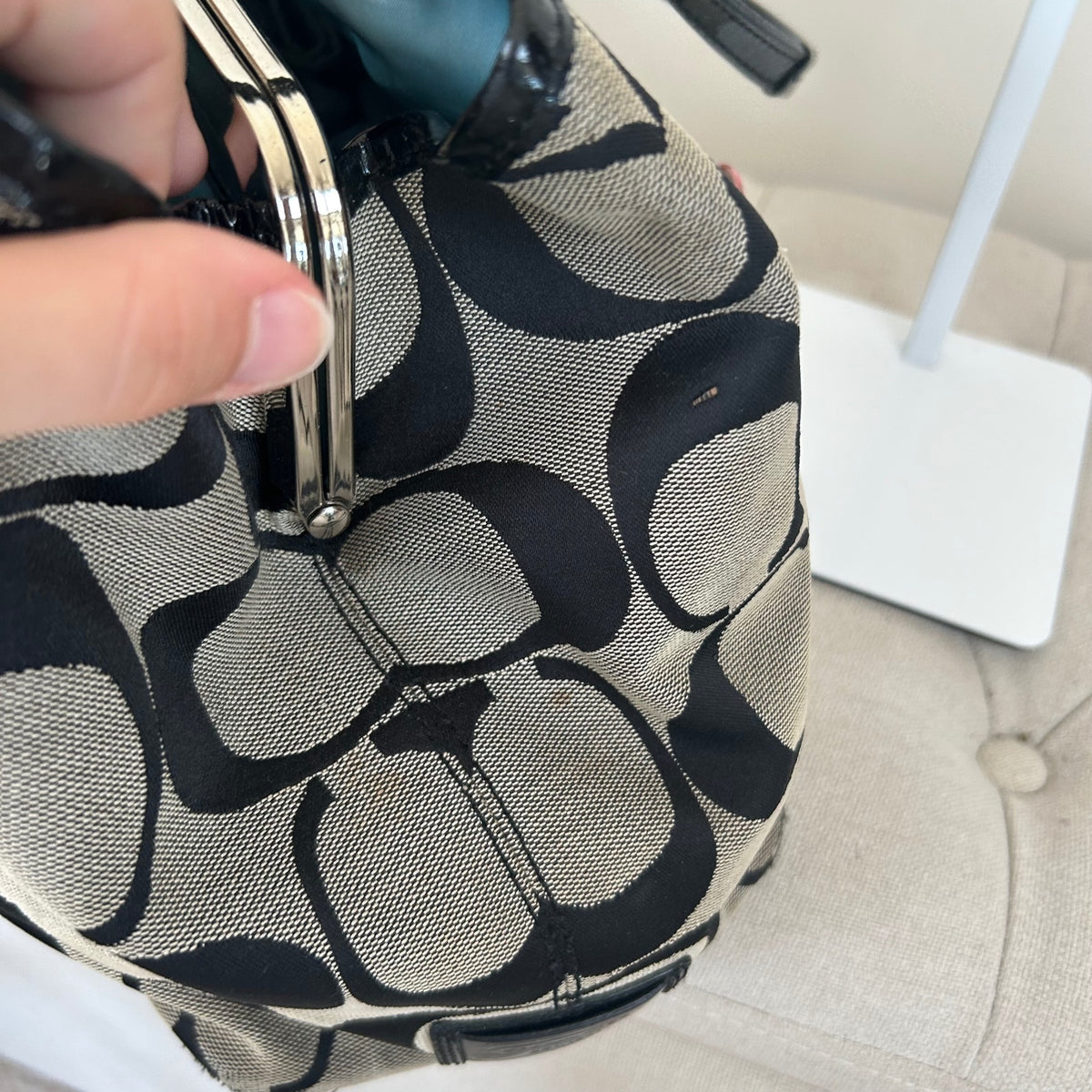 Coach Black Signature Monogram 3 Compartment Shoulder Bag Kisslock H0969-F13533
