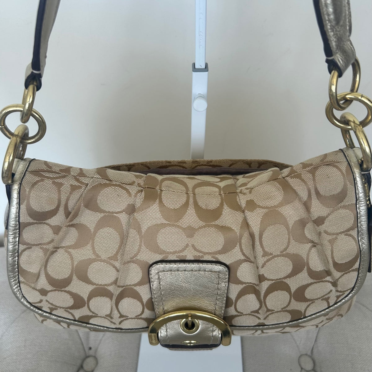 Coach Soho Beige Gold Signature Monogram Shoulder Bag J1160-F17093