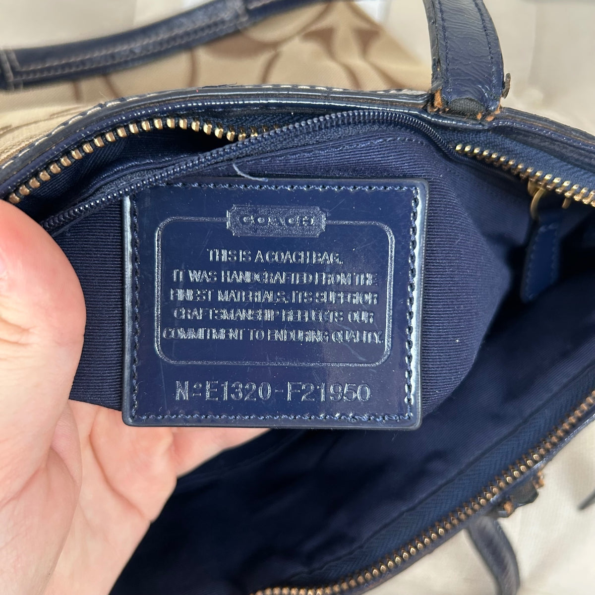 Coach Beige Signature Monogram Navy Stripe Tote Shoulder Bag E1320-F21950