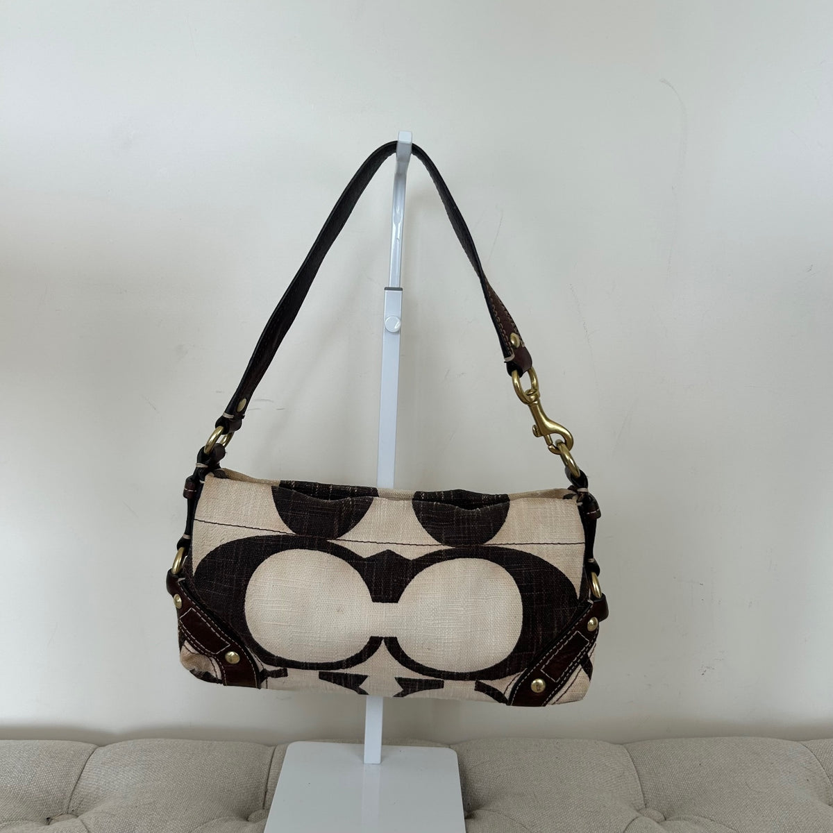 Rare Coach Beige & Brown Linen Carly Shoulder Bag A0773-10793