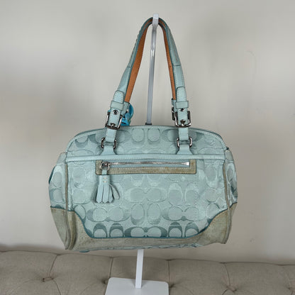 Coach Blue Signature Monogram Satchel Handbag with Suede Trim J04M-6828