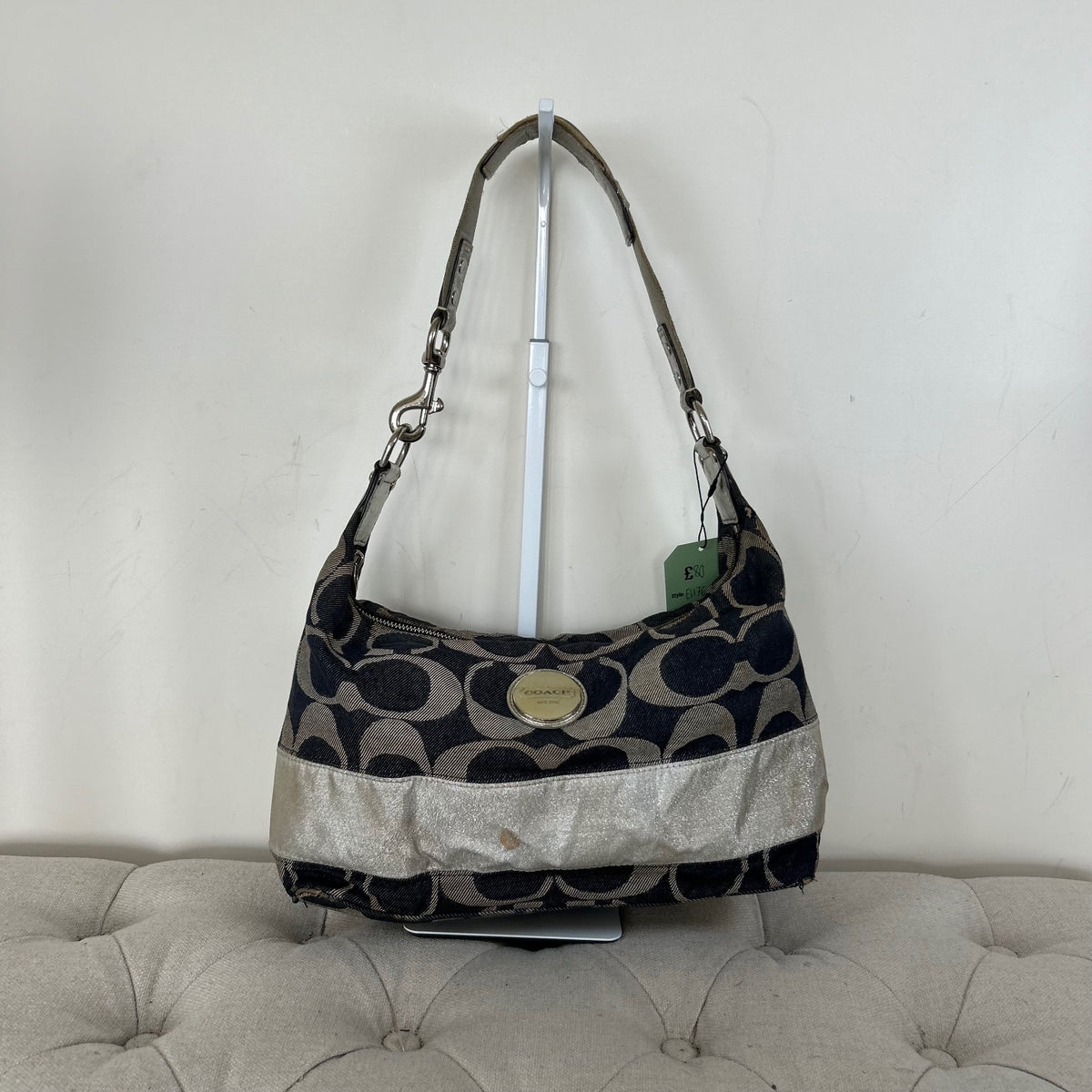 Coach Blue Denim Slouchy Hobo Shoulder Bag Silver Stripe E1176-F17434