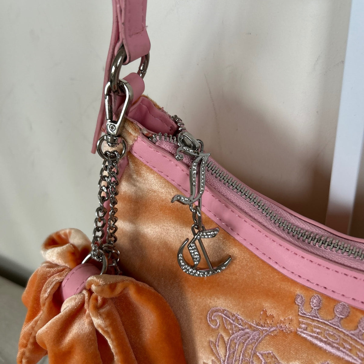 Y2K Juicy Couture Orange Velour Mini Shoulder Bag with Pink Detailing
