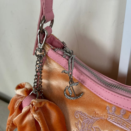Y2K Juicy Couture Orange Velour Mini Shoulder Bag with Pink Detailing