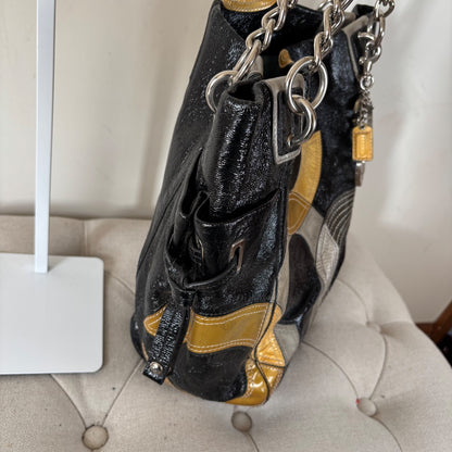 Coach Black Leather Tote Shoulder Bag with Yellow C Monogram J0993-14516