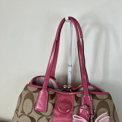 Coach Beige Pink Stripe 3 Compartment Kisslock Shoulder Bag B1171-F17424