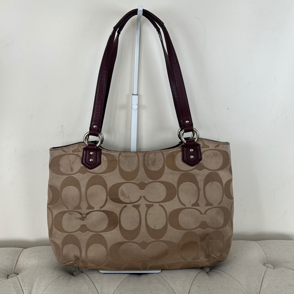 Coach Beige Soho Tote Shoulder Bag with Burgundy Leather Trim J1382-F25294
