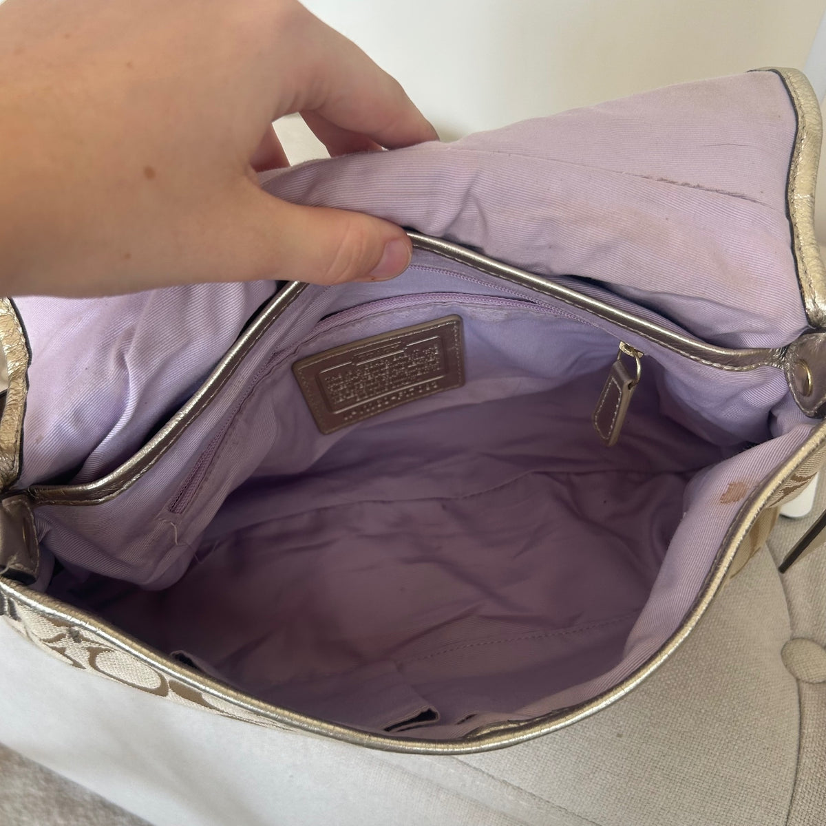 Coach Soho Beige Gold Signature Monogram Shoulder Bag J1160-F17093