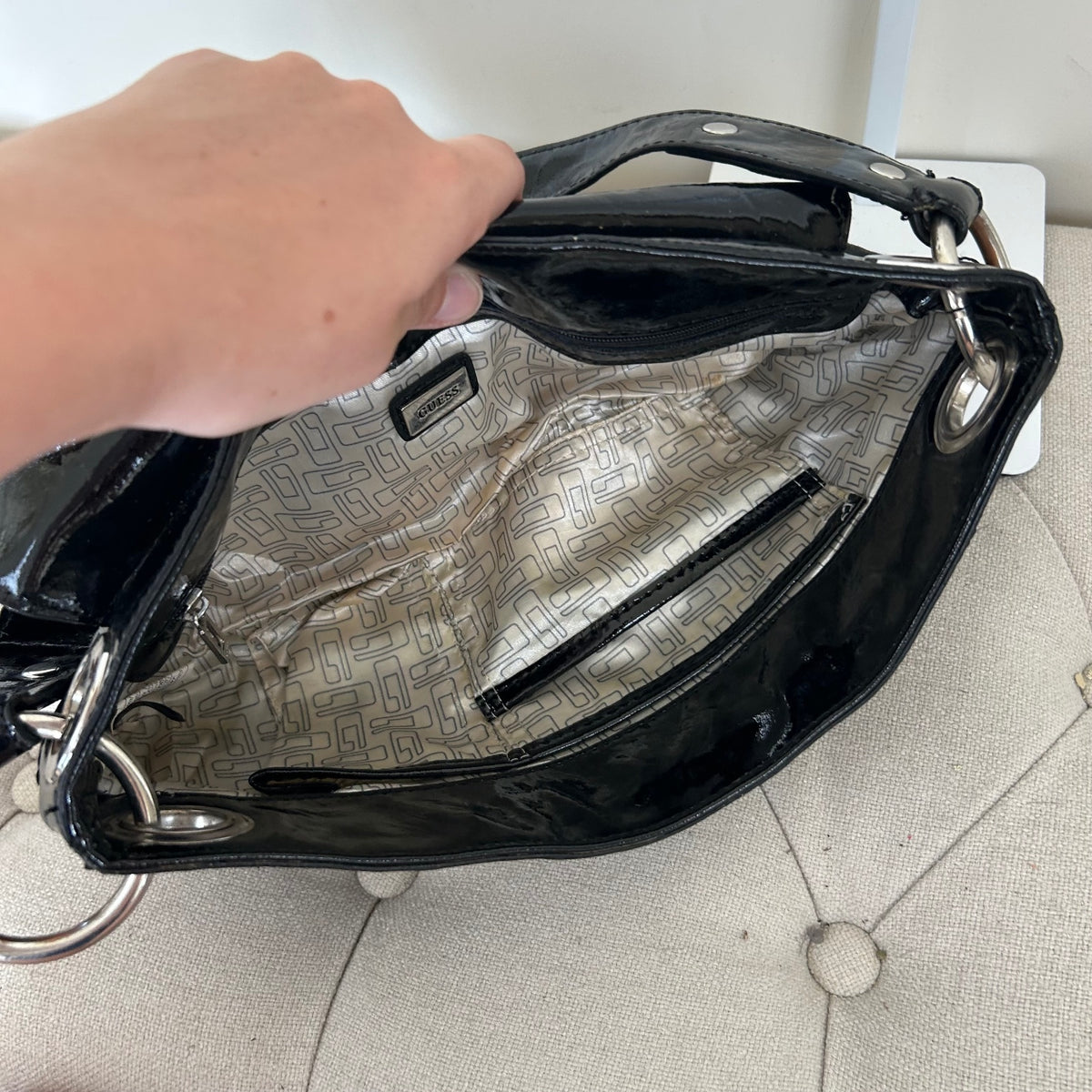 Guess Black Monogram Silver G Shoulder Bag