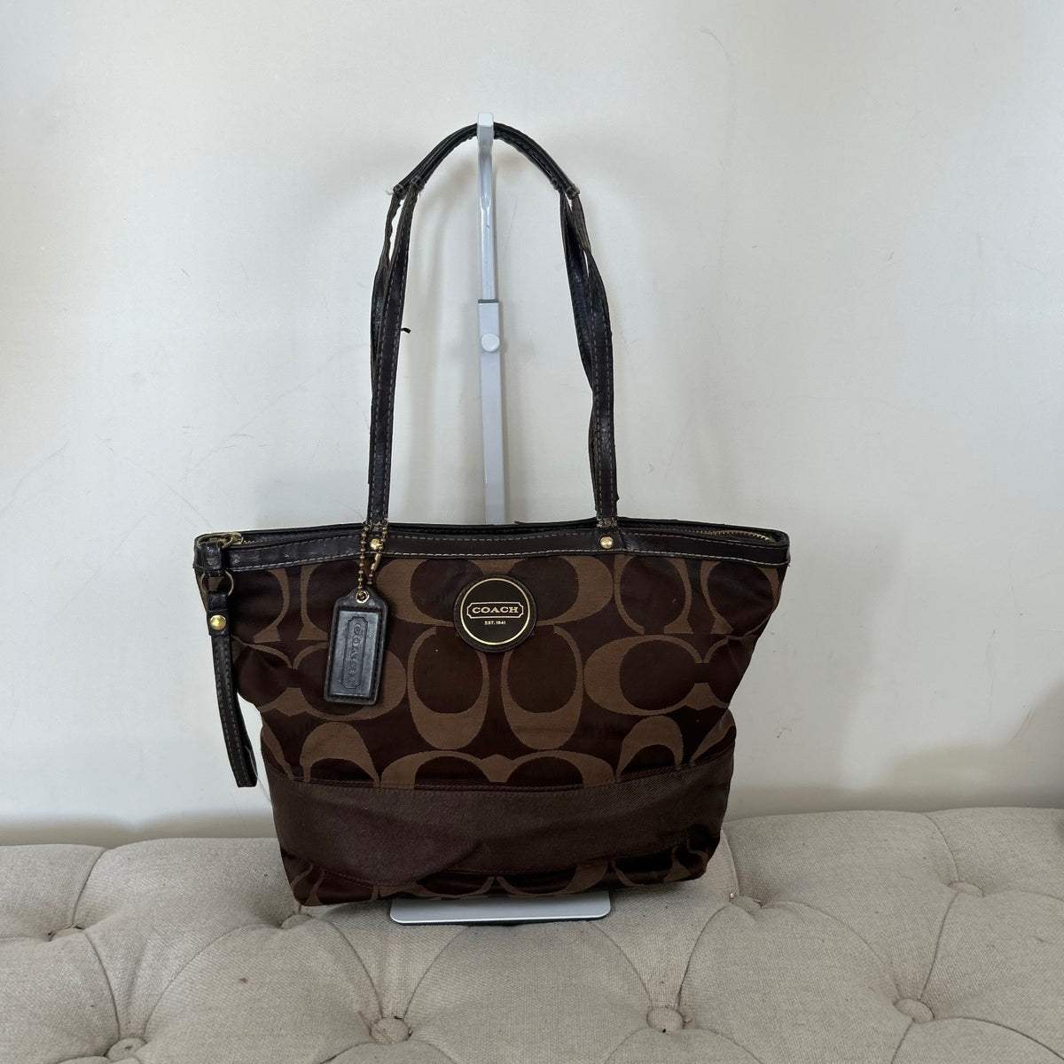 Coach Chocolate Brown Tote Shoulder Bag Signature Stripe H1161-F18037