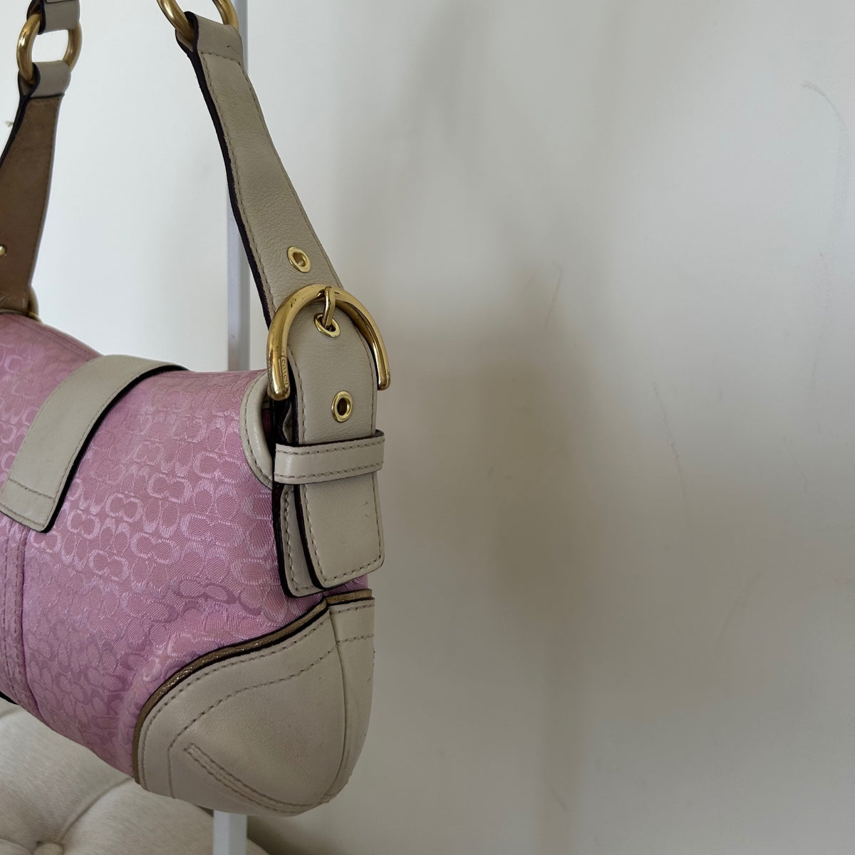 RARE Coach Soho Baby Pink Signature Monogram White Leather Shoulder Bag H04J-1457